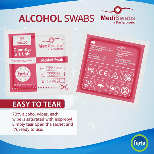 MediSwabs Pre Injection Alcohol Wipes (x100), Antiseptic Wipes with 70% Isopropyl Alcohol Sachets, Individually Wrapped Disposable Wound Cleaning Wipes, First Aid/Medical Use