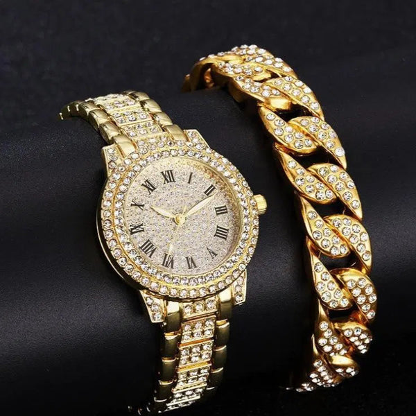 Women's Diamond Artificial Set - Roman Watch - Gold